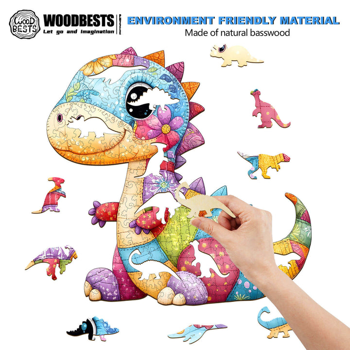 Patchwork dinosaur wooden jigsaw puzzle made of eco-friendly natural basswood, perfect for developing skills.