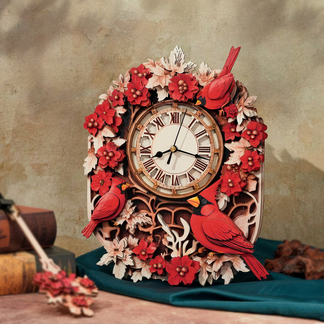 Cardinal Bird DIY Wooden Clock, 3D Puzzle Craft Kit