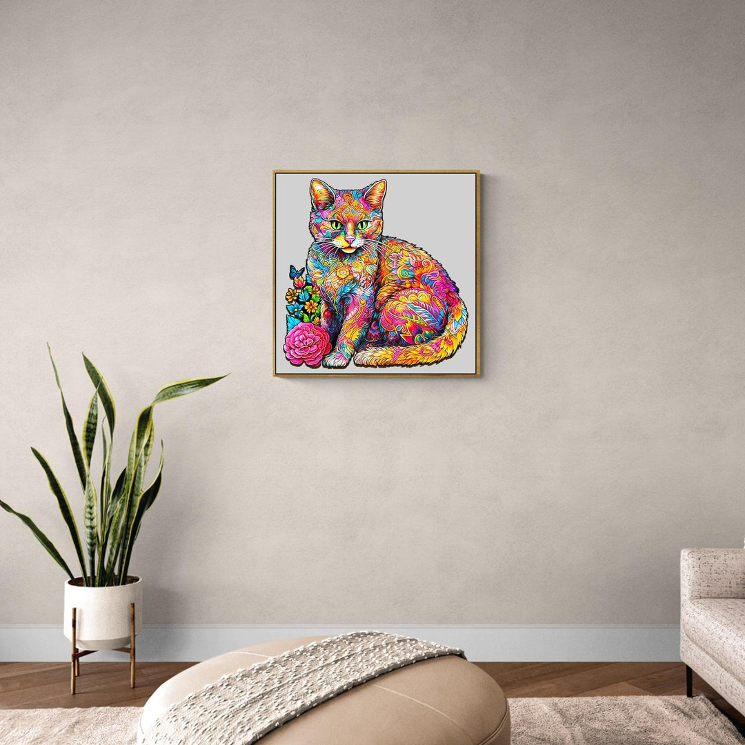 Colorful cat artwork featuring flowers, displayed in a modern living room setting with plants.