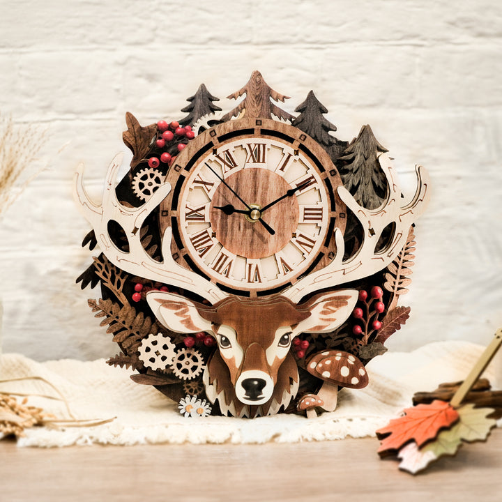 Reindeer 3D Wooden Puzzle Clock, DIY Craft Kit