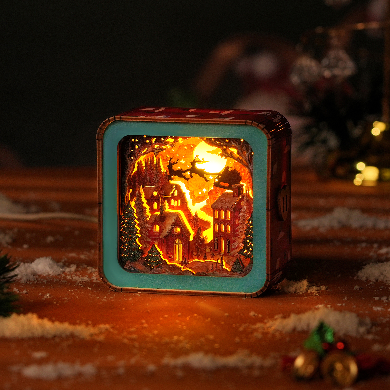 Wonderful Christmas Eve - 3D Wooden Puzzle Night Light displaying a cozy snow village with glowing lights.
