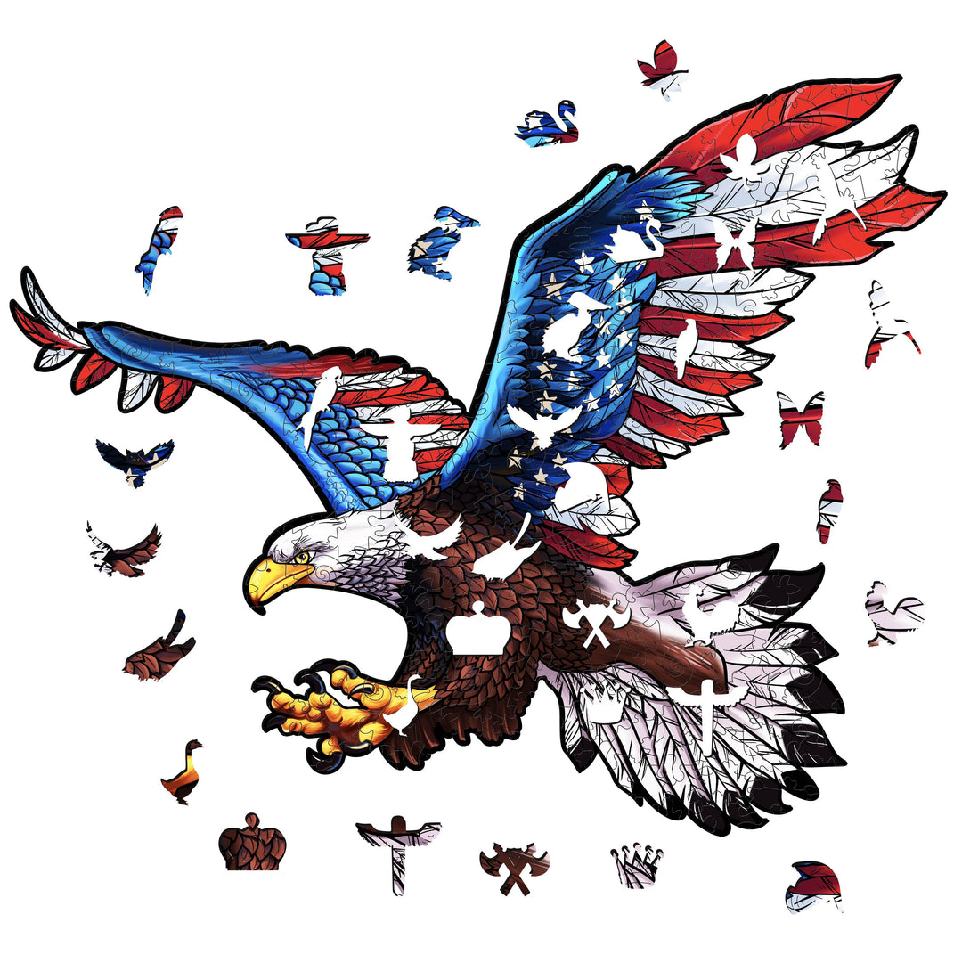 Colorful eagle wooden jigsaw puzzle pieces in unique shapes, showcasing intricate design and craftsmanship.
