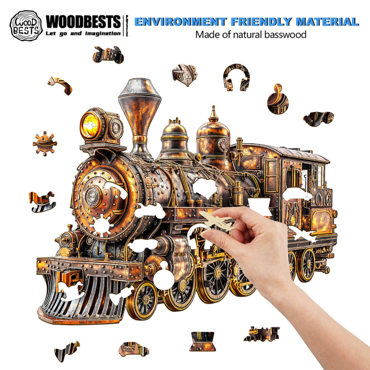 Person assembling a 3D Mechanical Steam Train Wooden Jigsaw Puzzle made of eco-friendly basswood.