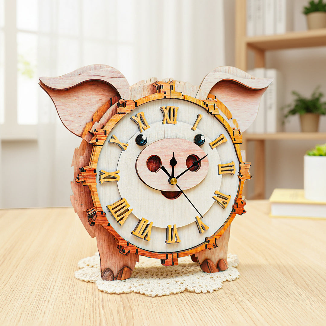 Cute Piggy 3D Wooden Puzzle Clock, Gift  for DIY Lovers, Home Decor