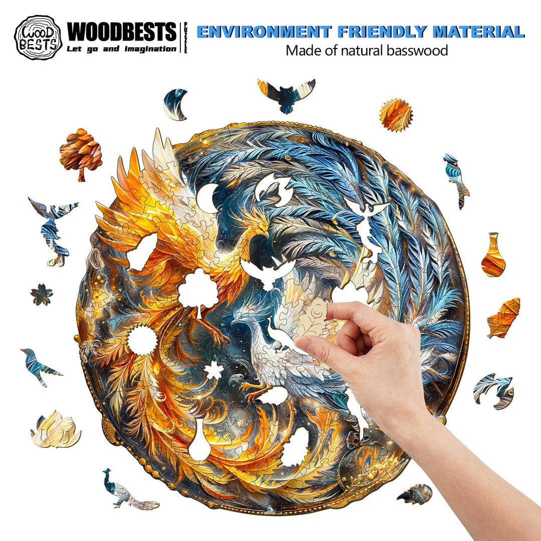 Person assembling the Yin Yang Phoenix-2 wooden jigsaw puzzle made from eco-friendly natural basswood.