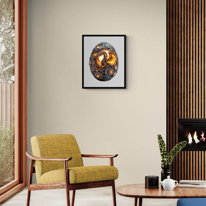 Framed Mechanical Dragon Egg artwork in a stylish living room setting, showcasing intricate steampunk design.