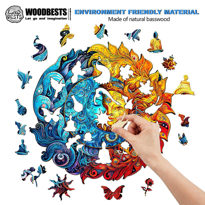 Colorful Sun and Moon Wooden Jigsaw Puzzle being assembled from eco-friendly basswood pieces.