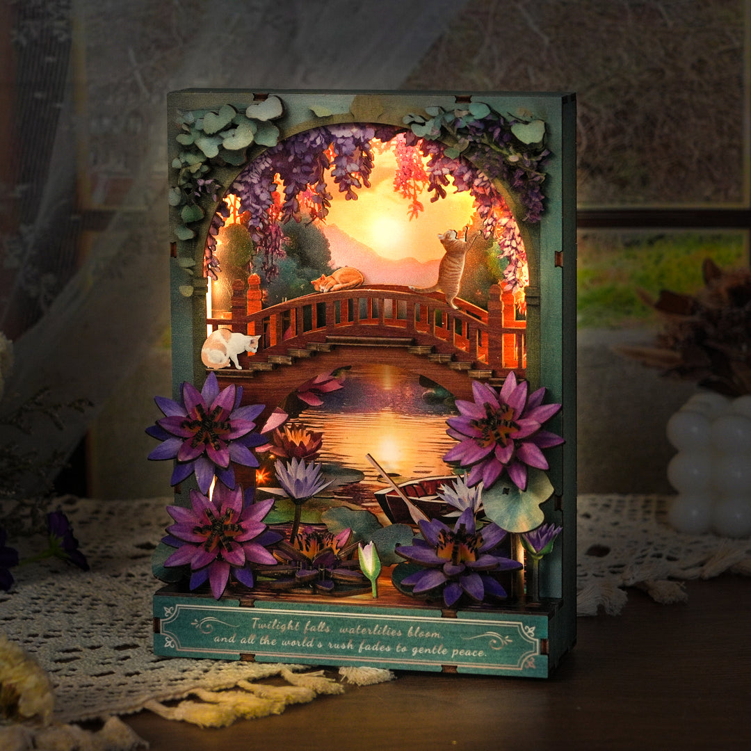 Twilight Waterlily 3D Wooden Puzzle Painting, DIY Wall Art Craft Kit with Light