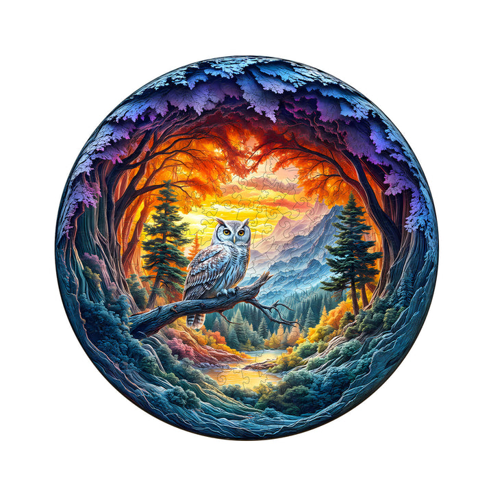 Serene Watcher wooden jigsaw puzzle featuring an owl in a vibrant forest scene, designed for engaging mind games.