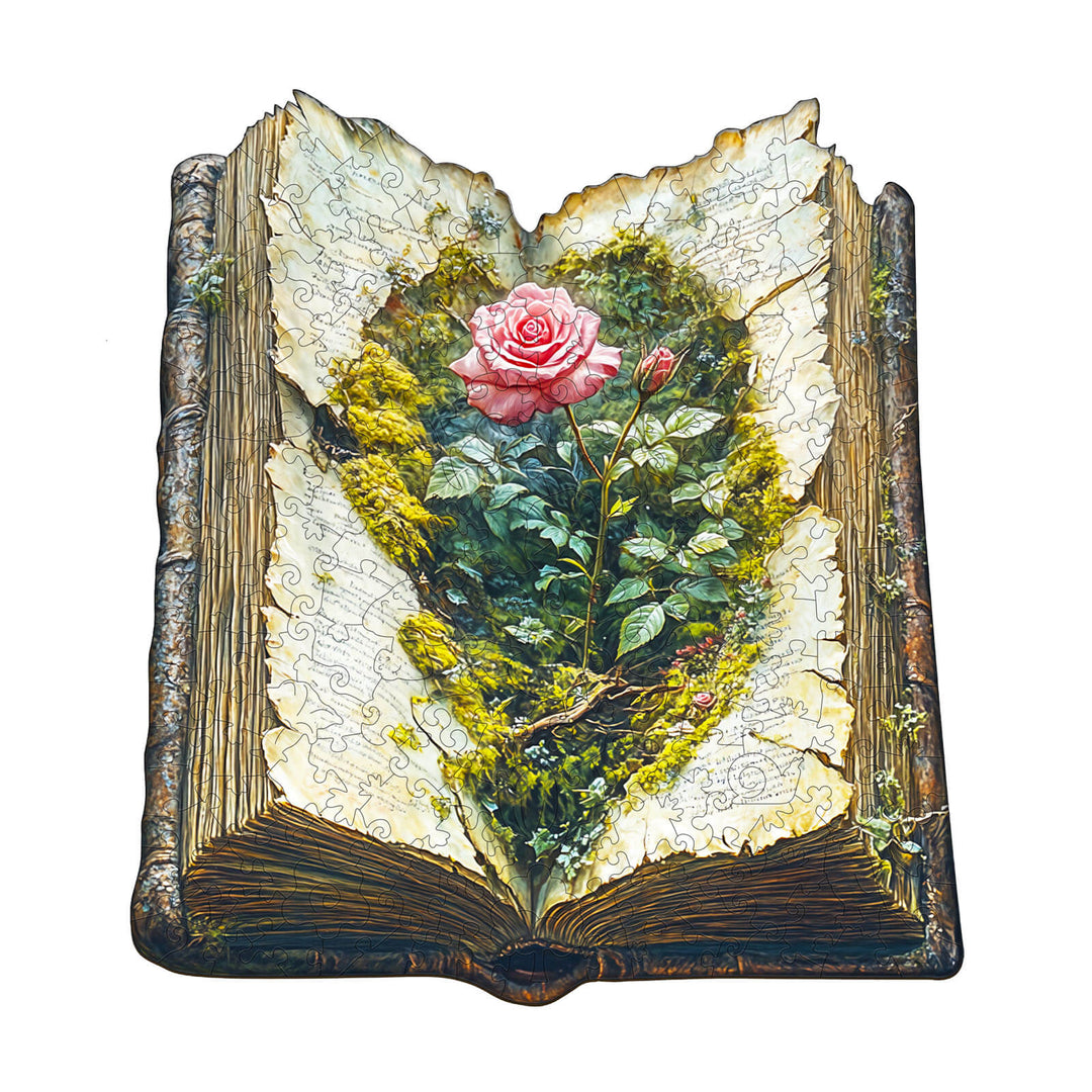 The Last Bloom wooden jigsaw puzzle featuring a rose emerging from an open book, ideal for mental focus and exploration.