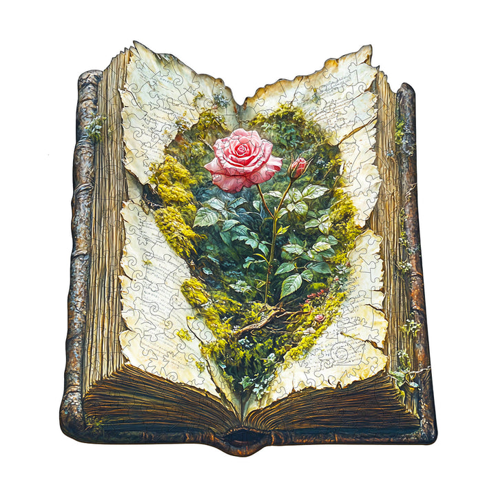 The Last Bloom wooden jigsaw puzzle featuring a rose emerging from an open book, ideal for mental focus and exploration.