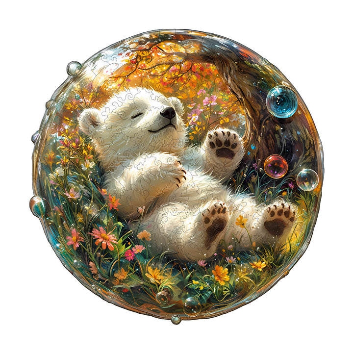 Colorful Bubble Bear wooden jigsaw puzzle with a sleeping bear amidst flowers and bubbles, perfect for mind games.