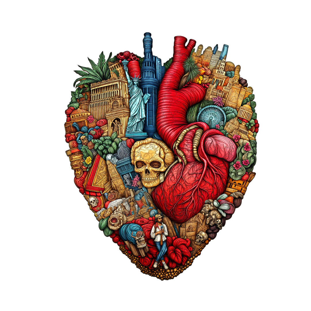 Heart of the City wooden jigsaw puzzle featuring vibrant cities and a symbolic heart design.