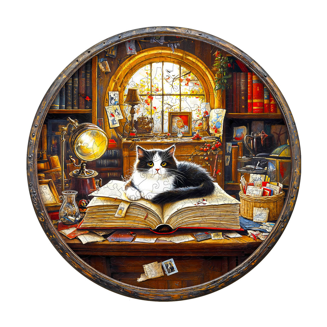 Whiskers Library-2 wooden jigsaw puzzle featuring a cat on an open book in a cozy library setting.