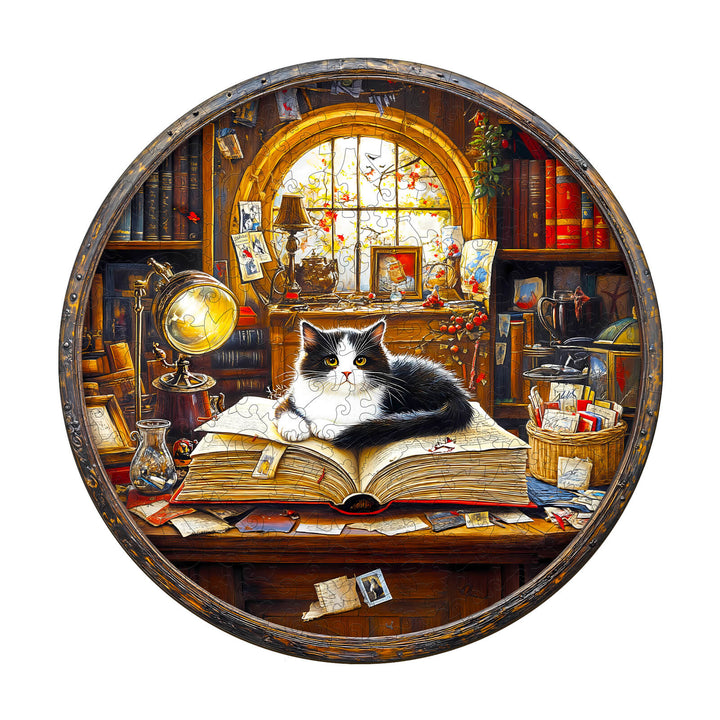 Whiskers Library-2 wooden jigsaw puzzle featuring a cat on an open book in a cozy library setting.