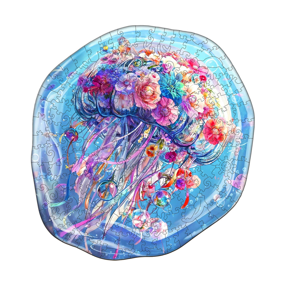 Colorful Flower Jellyfish wooden jigsaw puzzle, designed for enhancing focus and cognitive skills.