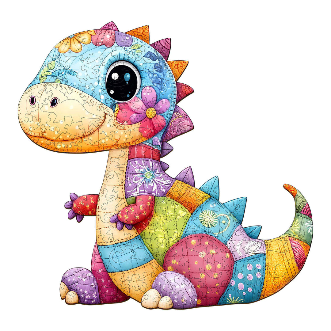 Colorful patchwork dinosaur wooden jigsaw puzzle for kids, enhancing problem-solving and coordination skills.