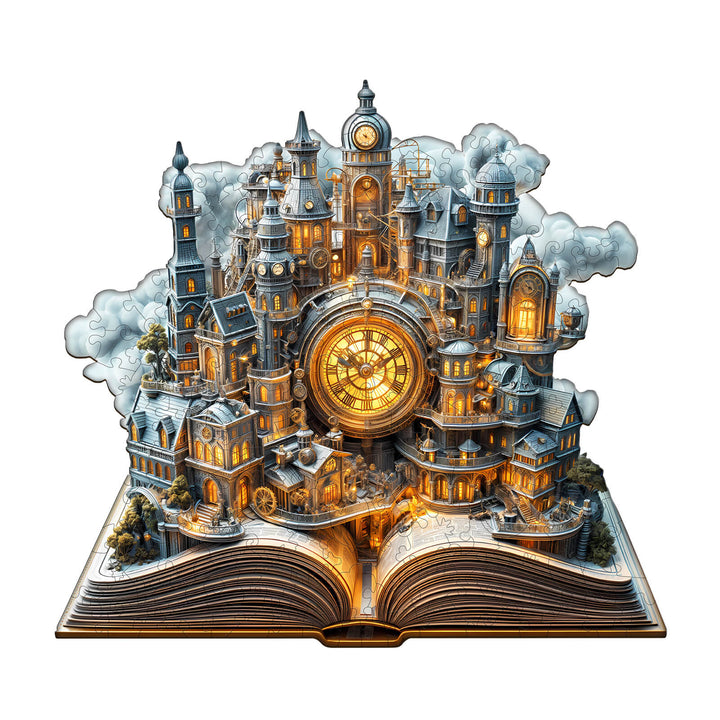 Clockwork City wooden jigsaw puzzle designed for mind games, enhancing focus and cognitive skills through engaging play.