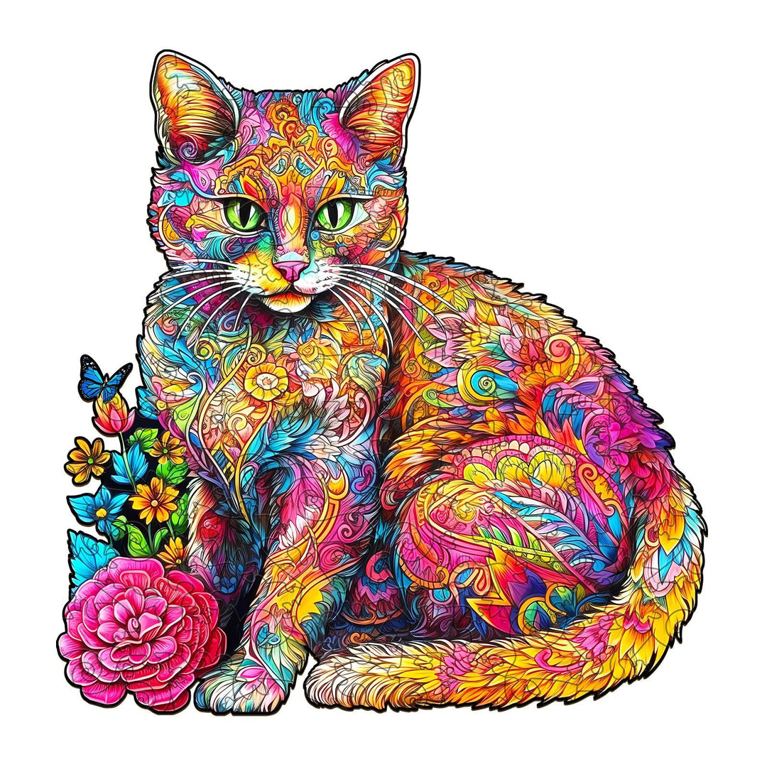 Colorful artistic illustration of a cat surrounded by flowers, featuring intricate patterns and vibrant colors.