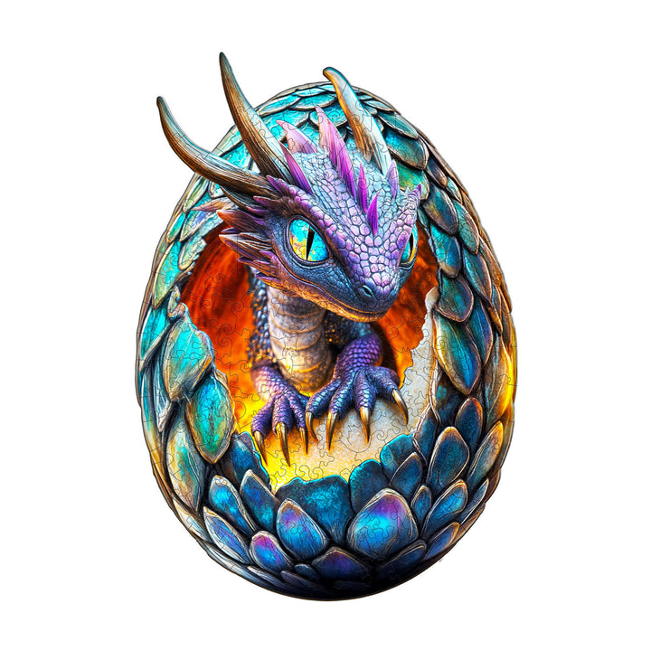 Colorful dragon emerging from a mystical egg, showcasing the artistic design of the Draconic Rebirth wooden jigsaw puzzle.