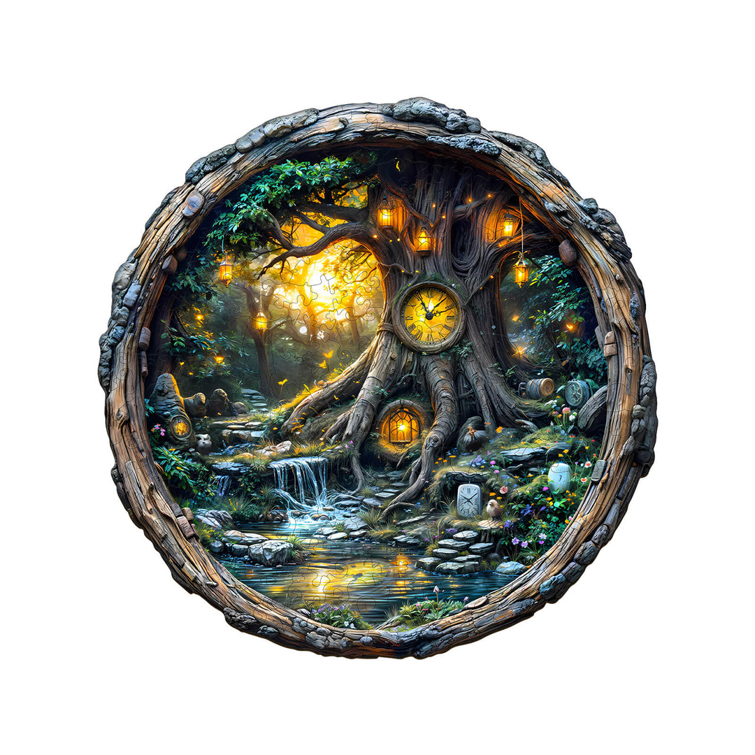 Magic time tree wooden jigsaw puzzle featuring a whimsical tree with glowing lights and a serene pond.