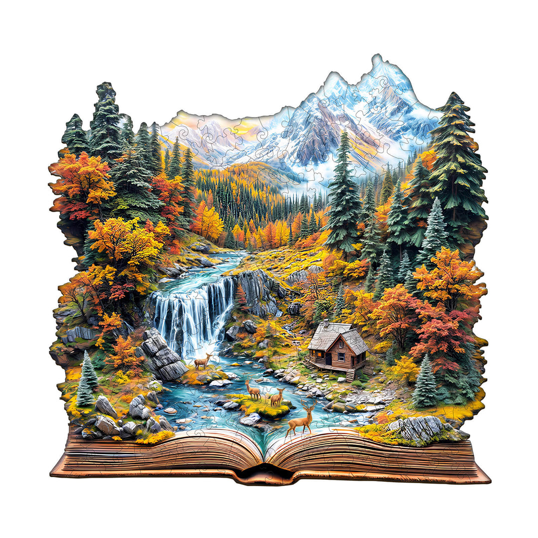 Autumn Wonderland wooden jigsaw puzzle featuring a vibrant landscape with mountains, a waterfall, and colorful fall foliage.
