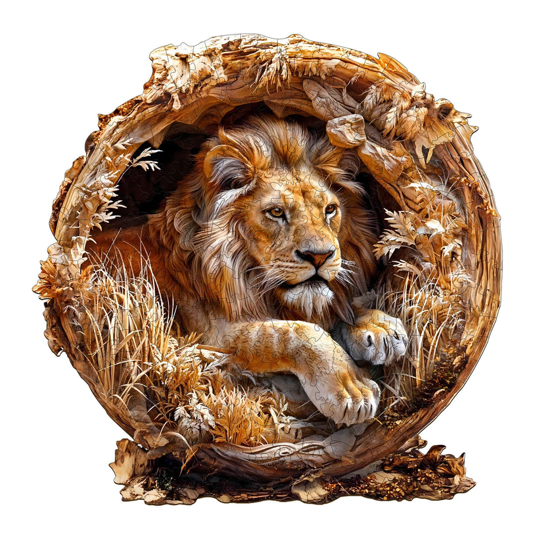 3D Lion Wooden Jigsaw Puzzle featuring a lion emerging from a log, perfect for enhancing focus and cognitive skills.