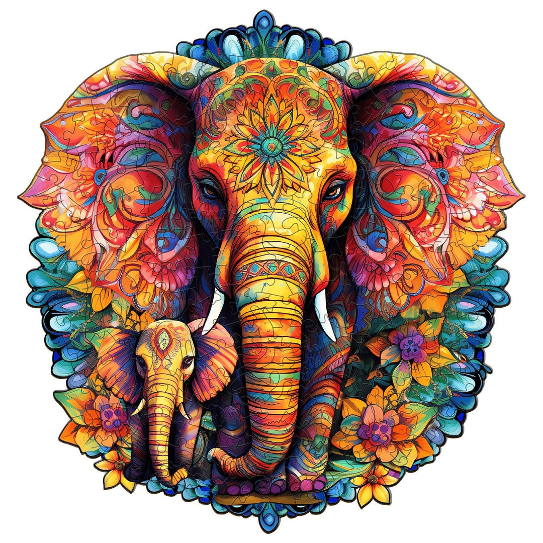 Vibrant Mandala elephant puzzle art featuring colorful designs of parent and child elephants