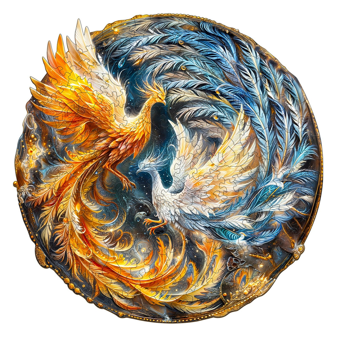 Yin Yang Phoenix-2 wooden jigsaw puzzle featuring vibrant phoenix designs in blue and orange, perfect for enhancing focus and cognitive skills.