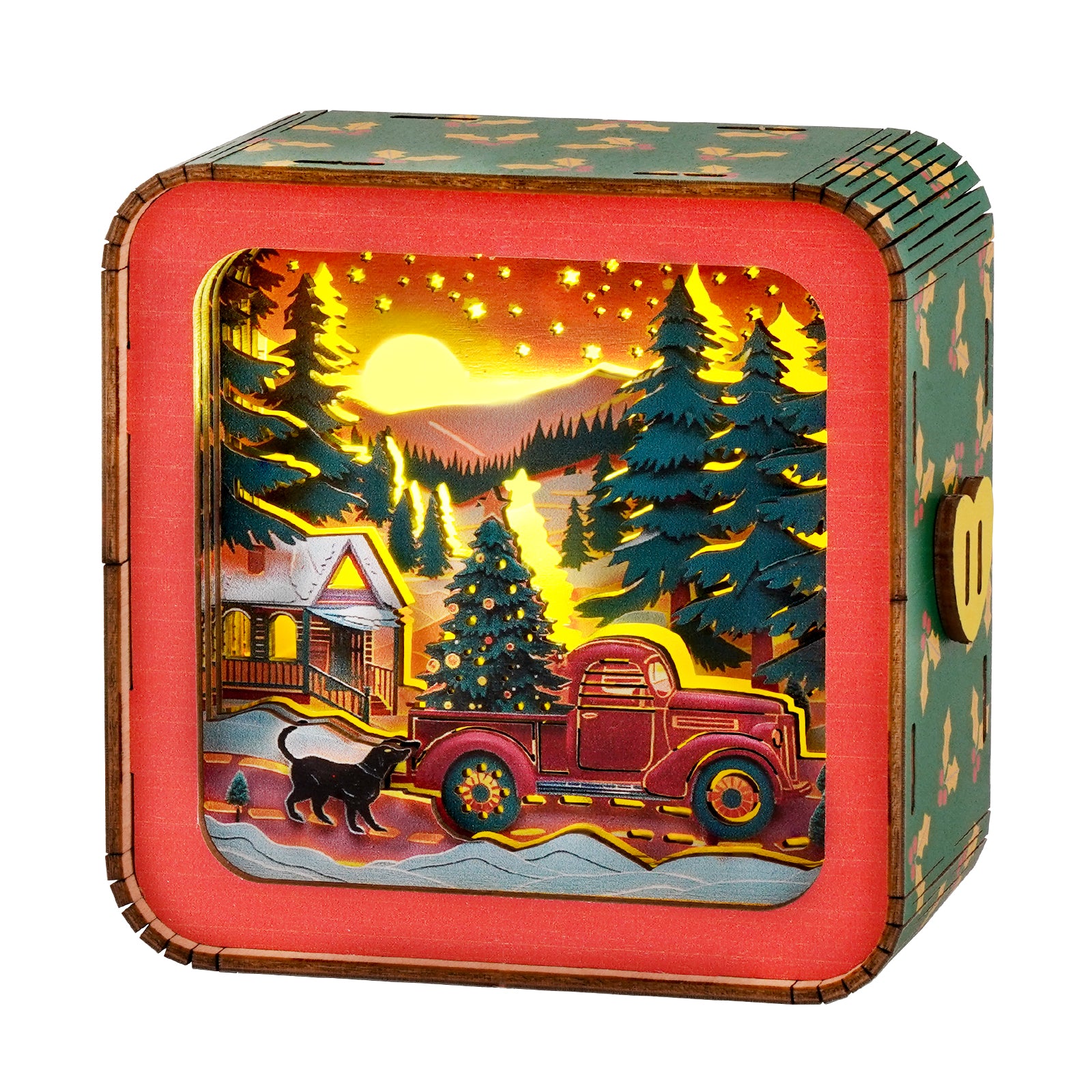 Ready for Christmas - 3D Wooden Puzzle Night Light showcasing a vintage truck, Christmas tree, and snowy village scene.