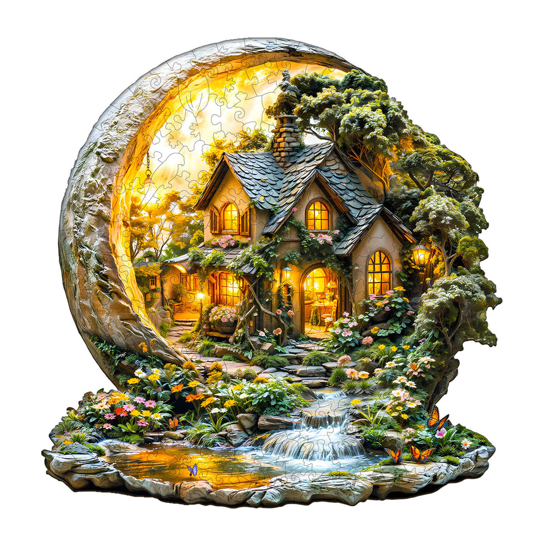 Moonlight Garden-1 Wooden Jigsaw Puzzle featuring a cozy cottage surrounded by flowers and a serene stream with glowing lights.