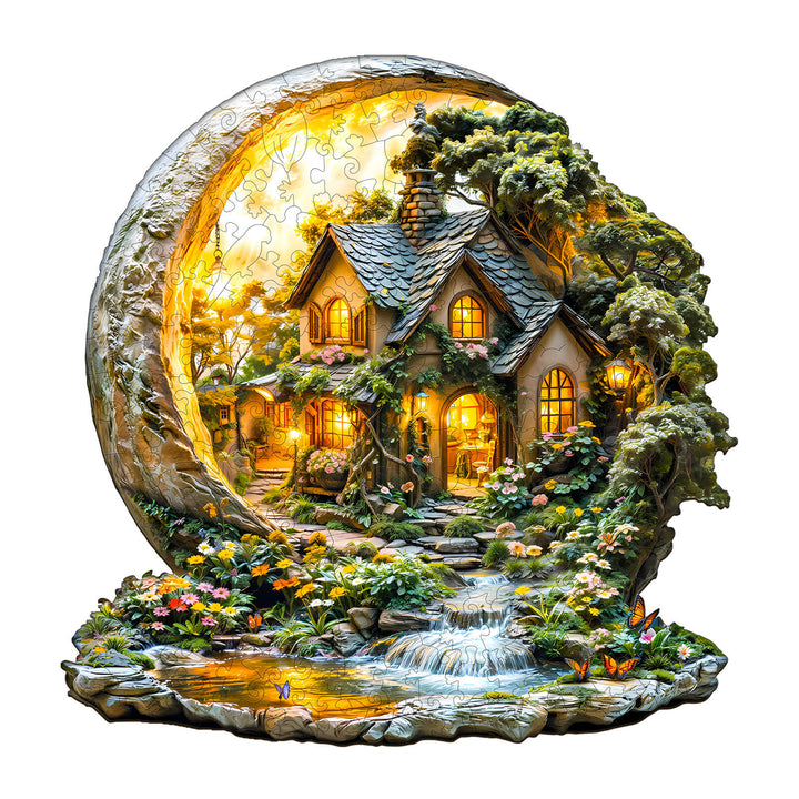 Moonlight Garden-1 Wooden Jigsaw Puzzle featuring a cozy cottage surrounded by flowers and a serene stream with glowing lights.