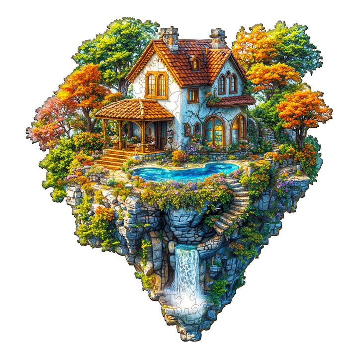 Floating Haven Wooden Jigsaw Puzzle featuring a charming house on a cliff with a waterfall and lush trees.