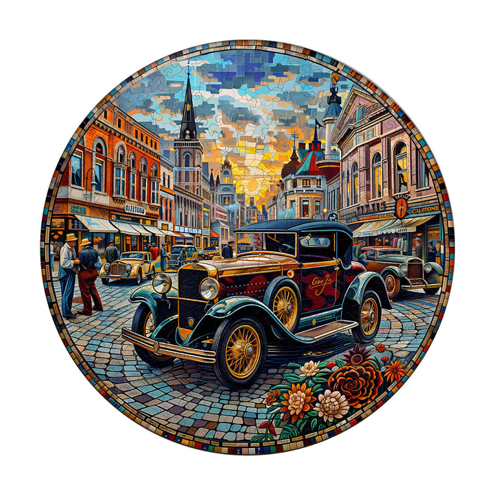 Retro Street Wooden Jigsaw Puzzle featuring vintage cars in a scenic urban setting, enhancing focus and puzzle-solving skills.
