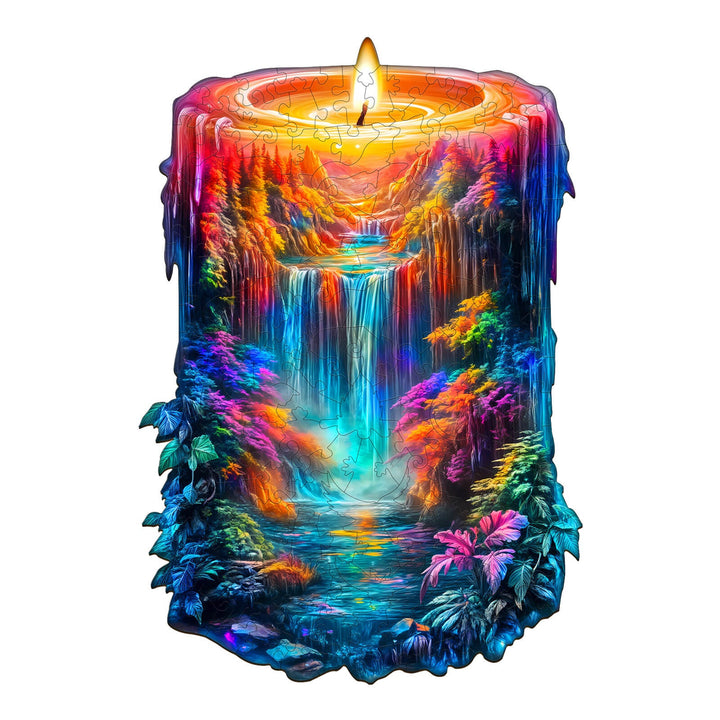 Enchanted Flame Wooden Jigsaw Puzzle featuring a vibrant candle design with a waterfall and lush foliage.