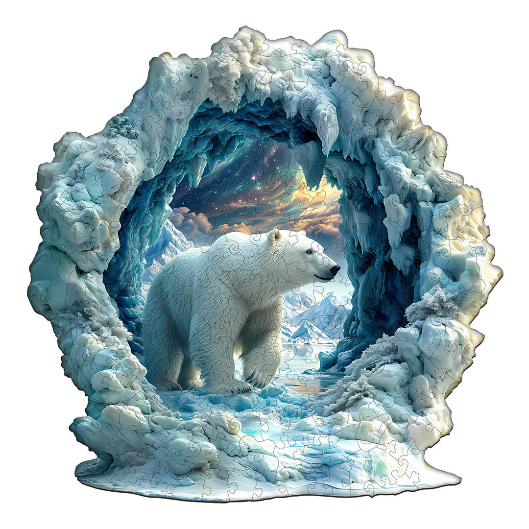 3D Arctic Glory wooden jigsaw puzzle featuring a majestic polar bear in an icy cave landscape.
