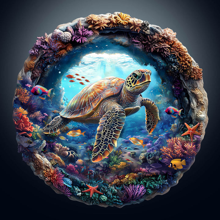 Colorful 3D turtle wooden jigsaw puzzle depicting vibrant ocean life with coral and fish, designed for brain training.