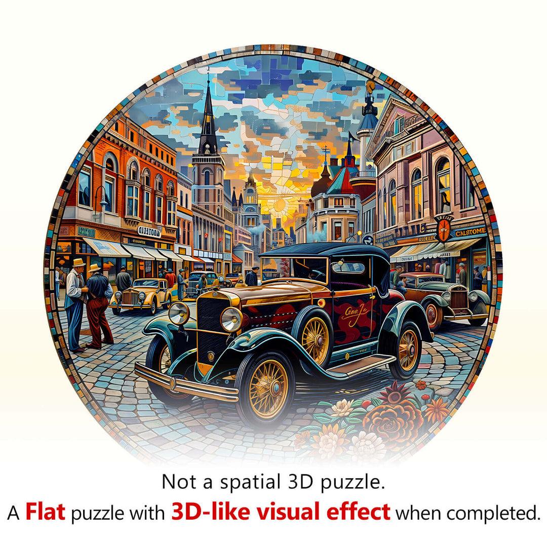Retro Street Wooden Jigsaw Puzzle featuring a vintage car, capturing a 3D-like visual effect in a vibrant city scene.