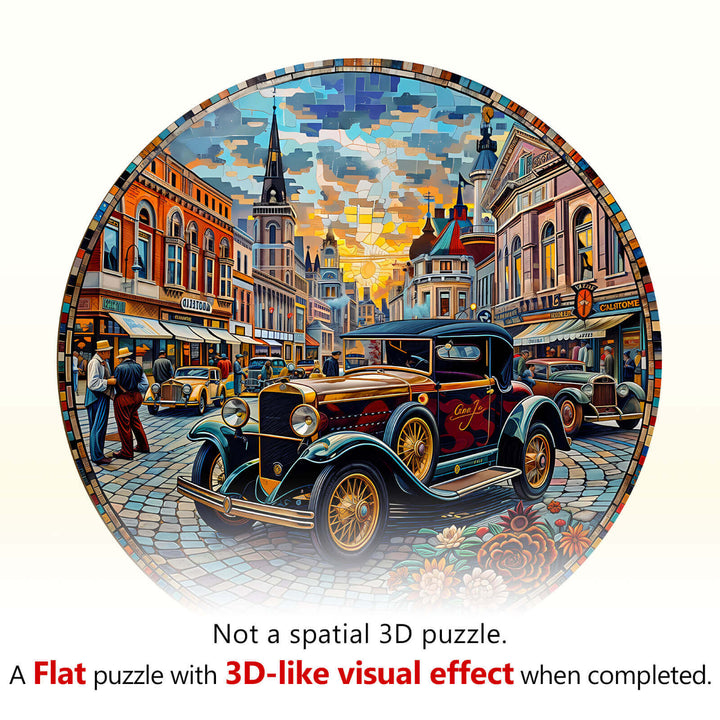 Retro Street Wooden Jigsaw Puzzle featuring a vintage car, capturing a 3D-like visual effect in a vibrant city scene.