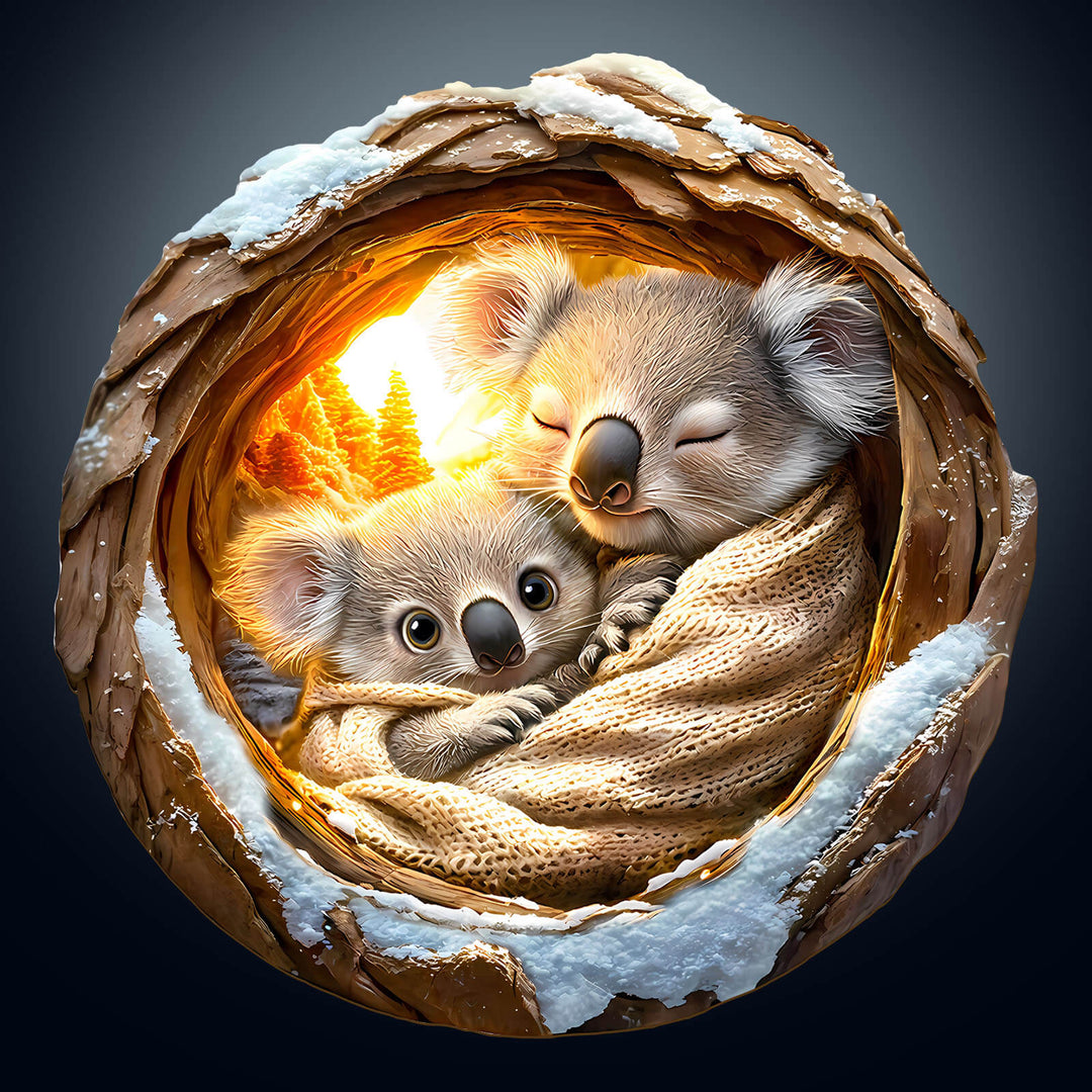Illustration of two cozy koalas snuggled together in a nest, surrounded by a snowy landscape and glowing trees.