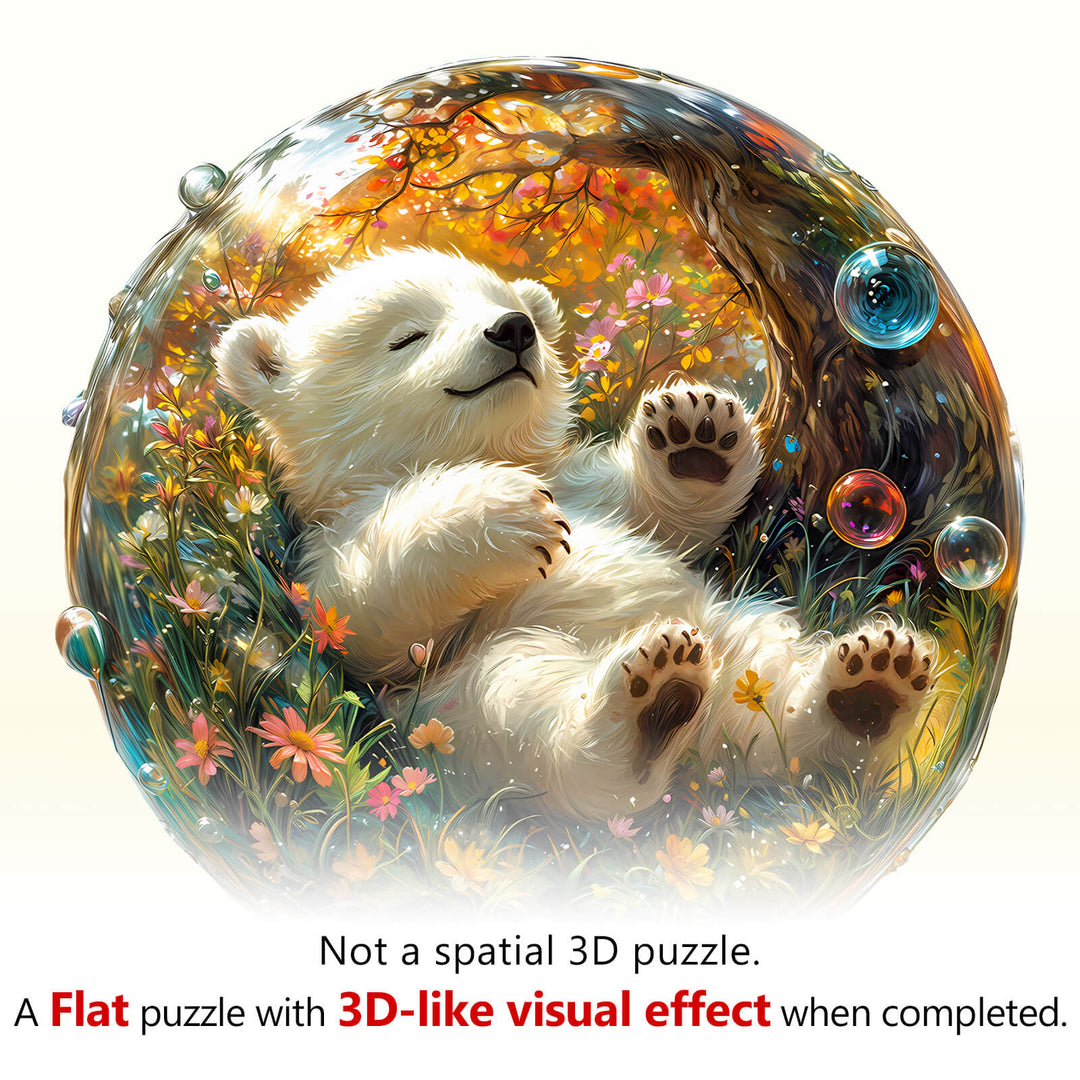 Bubble bear jigsaw puzzle featuring a cute bear in a colorful floral scene, designed for fun and cognitive growth.