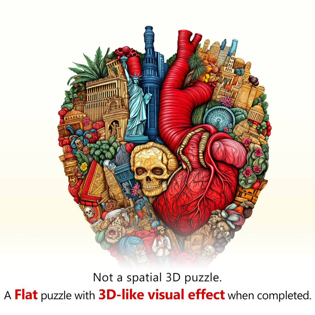 Heart of the City wooden jigsaw puzzle showcasing 3D visual effects in a vibrant design with iconic landmarks.