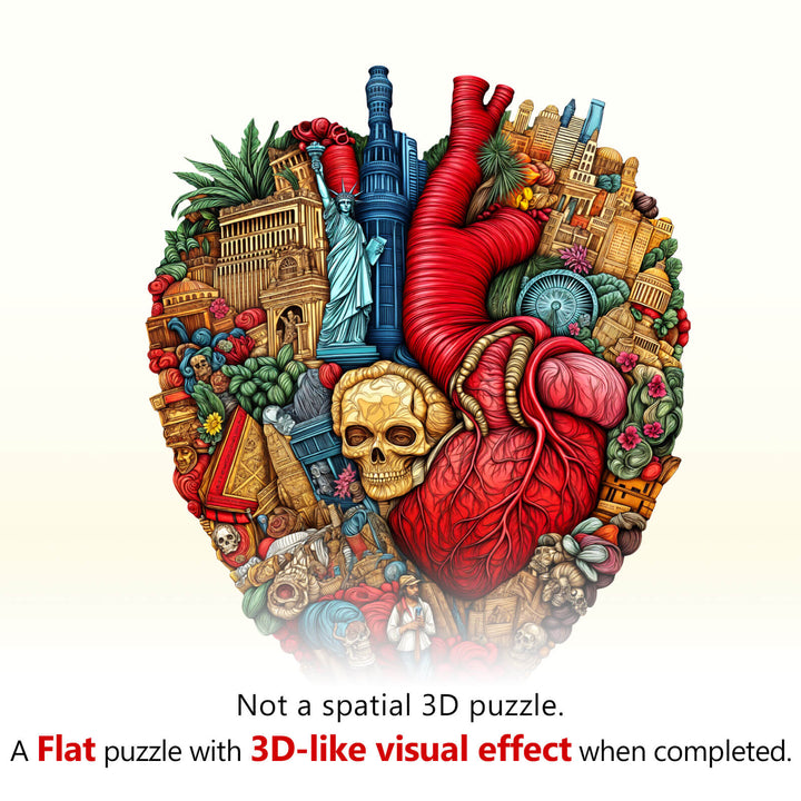Heart of the City wooden jigsaw puzzle showcasing 3D visual effects in a vibrant design with iconic landmarks.