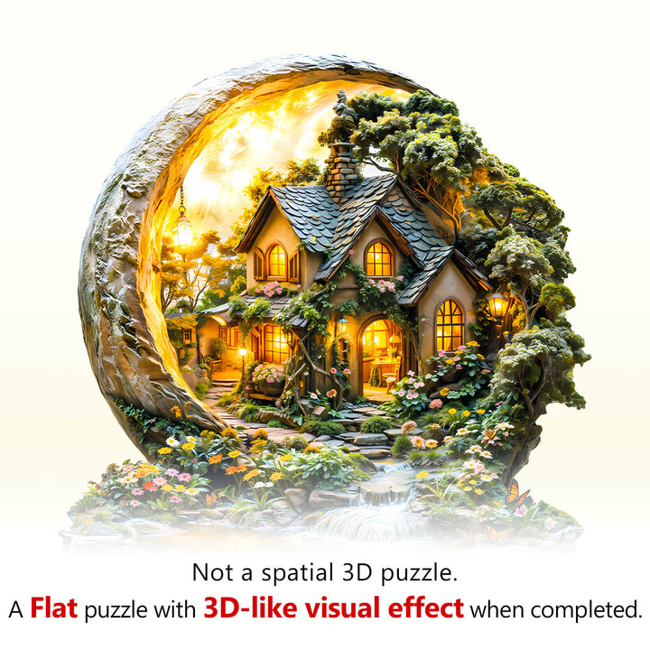 Moonlight Garden-1 wooden jigsaw puzzle with 3D-like visual effect, showcasing a charming house surrounded by nature.