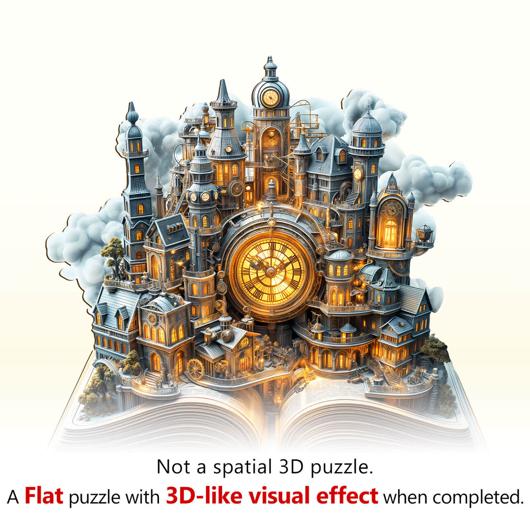 Clockwork City Wooden Jigsaw Puzzle showcasing a 3D visual effect, enhancing puzzle-solving experience and focus.