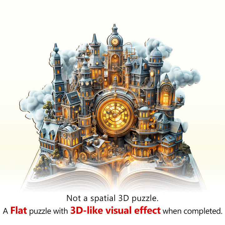Clockwork City Wooden Jigsaw Puzzle showcasing a 3D visual effect, enhancing puzzle-solving experience and focus.
