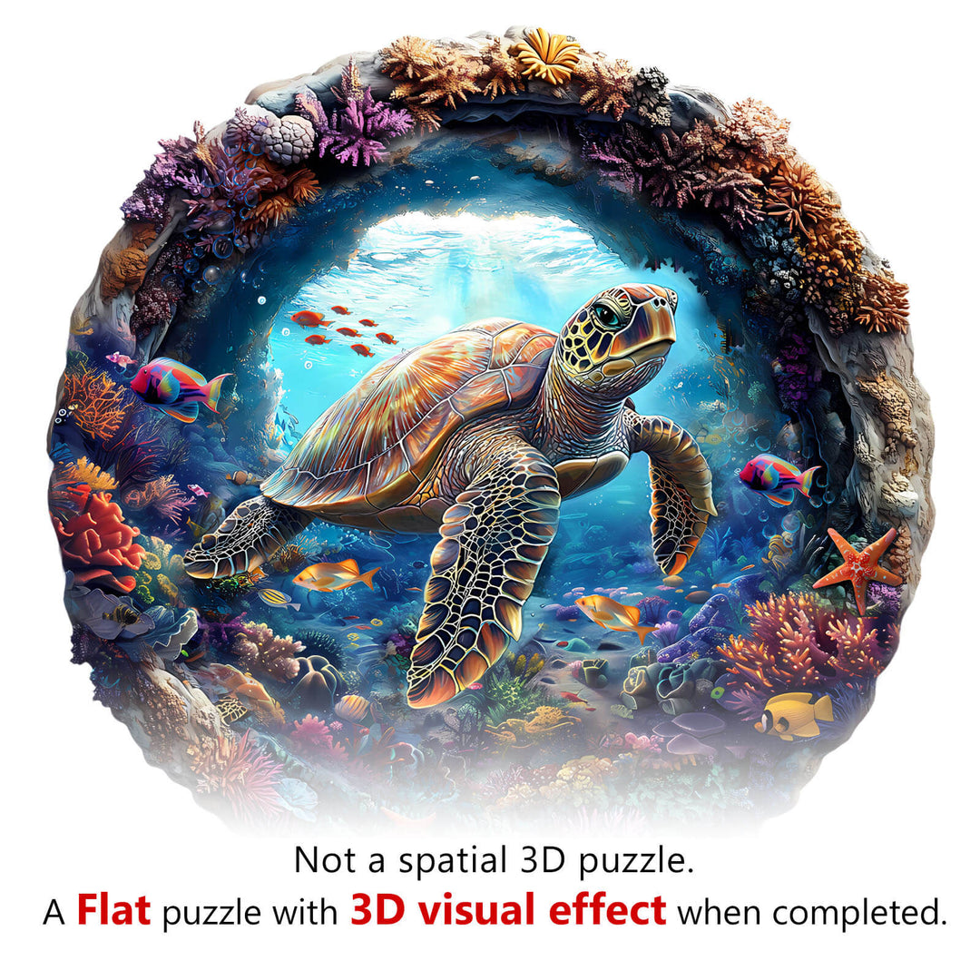 3D Turtle Wooden Jigsaw Puzzle showing a turtle in an underwater scene with colorful coral and fish, highlighting its visual effect.