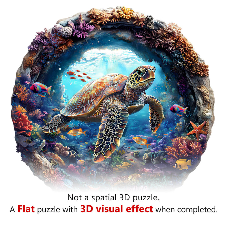 3D Turtle Wooden Jigsaw Puzzle showing a turtle in an underwater scene with colorful coral and fish, highlighting its visual effect.