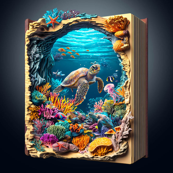 3D wooden jigsaw puzzle featuring a vibrant underwater scene with a turtle and colorful corals.