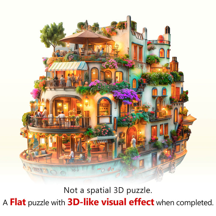 Voyage Garden wooden jigsaw puzzle featuring a 3D-like visual effect when completed, perfect for puzzle explorers.